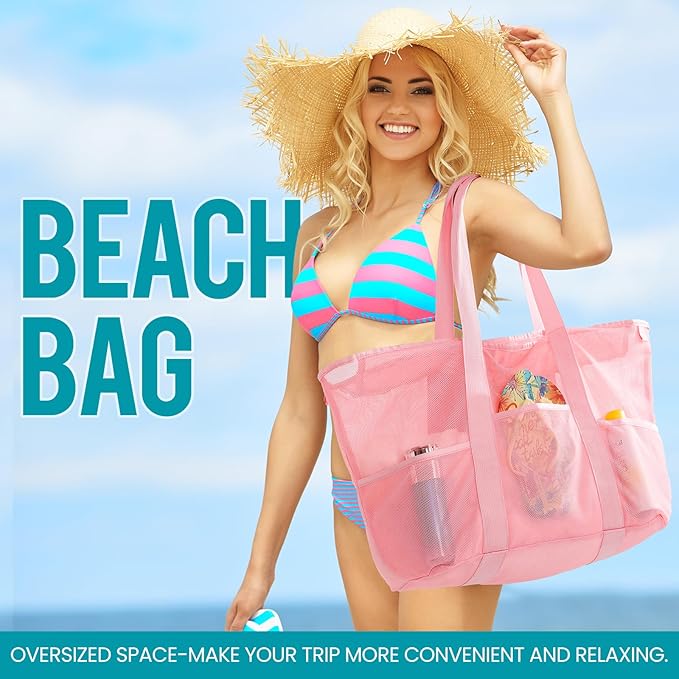 Mesh Beach Bag, Large Bag with Zipper Beach Bags for Women Waterproof Sandproof with 5 Pockets Green