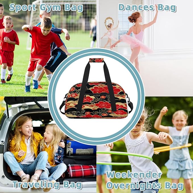 Sports Duffel Bags, Red And Black Japanese Cherry Blossoms Water-Resistant Gym Duffle Bag for Men Women, Lightweight Weekender Overnight Bag for Fitness, Workout, Travel