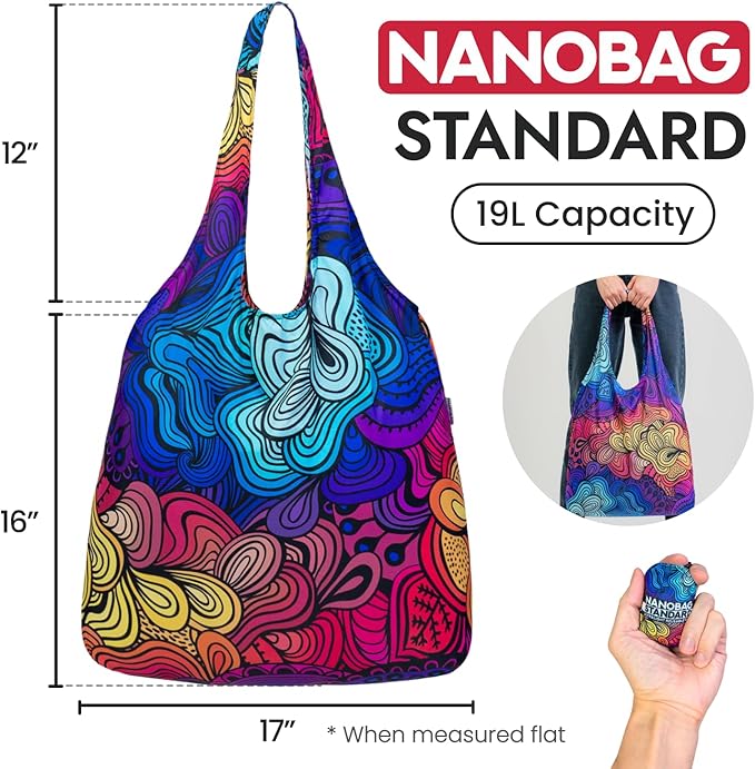 Nanobag Ultralight Foldable Tote for Women & Men, Reusable Grocery & Travel Bag, Packable Collapsible Compact Market Essential (Standard Pixels)