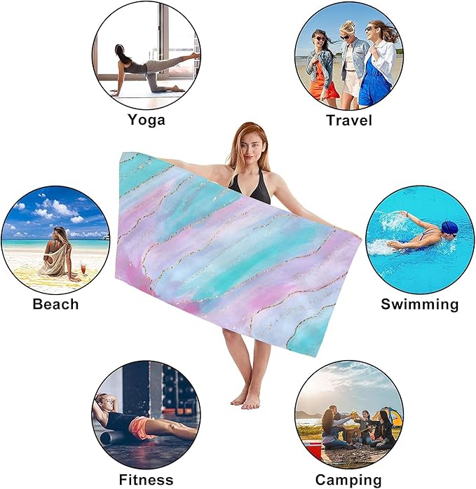 Microfiber Beach Towels,Watercolor Pink Blue Marble with Golden Stripe Oversized Absorbent Bath Towels,Soft Quick Dry Thin Camping Towel for Adults Women Men,29.5"×59"