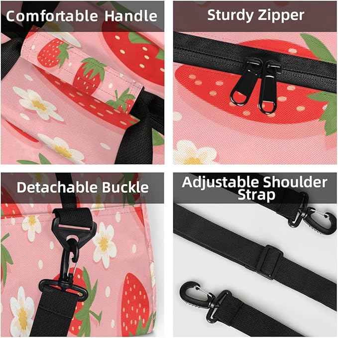 Duffle Bag for Women Men, Pink Strawberry Flower Print Gym Bag for Travel Sports, Lightweight Waterproof Weekender Overnight Bags with Adjustable Strap