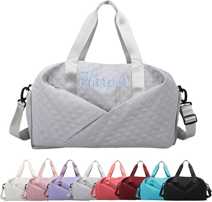 Personalized Travel Duffle Bag for Women with Embroidered Name Custom Sport Gym Weekender Overnight Carry On Tote Luggage Bag with Shoe Compartment Dance Bags for Girls Customized Gifts Gray