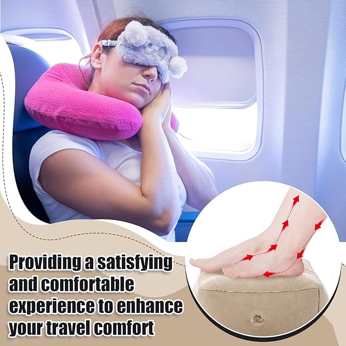 2 Pcs Inflatable Foot Rest Pillow, 2 in 1 Airplane Foot Hammock for Travel, Adjustable 3 Layers Leg Rest Pillow with Pump and Storage Bag Portable for Flights Comfort, Travel Accessories