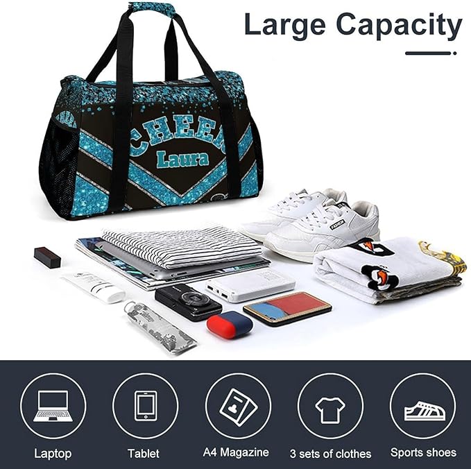 Personalized Cheer Bag Gifts for Girls Sport Cheerleading Gym Travel Duffel Bag Overnight Weekender Bags with Name (Blue)