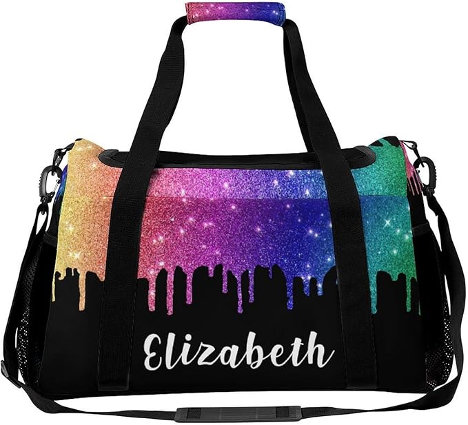 Personalized Sports Duffle Bags for Training, Colorful Bling Sequin Print Travel Bags with Adjustable Shoulder Strap, Custom Name Birthday Holiday Gift