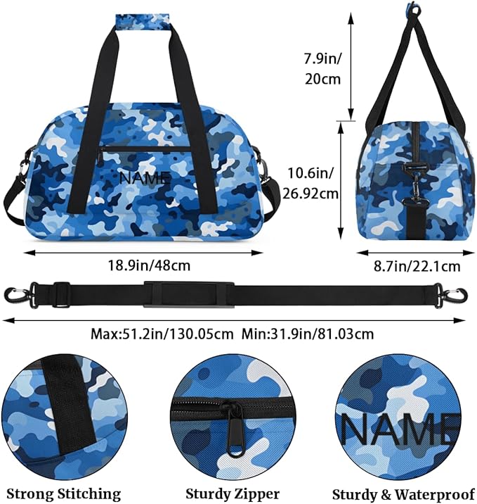 Custom Name Blue White Camouflage Boys Gym Travel Duffle Bag with Front Zipper Pocket Personalized Sports Bag for Overnight, Weekender, Carry On, 18.9 * 8.7 * 10.6 in