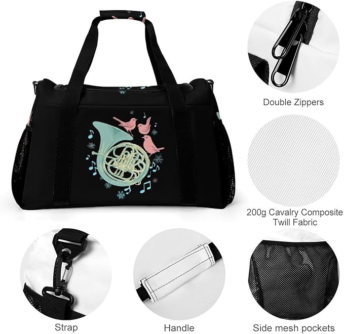 French Horn Music Bird Duffle Bag Gym Bag for Workout Travel Tote with Detachable Straps