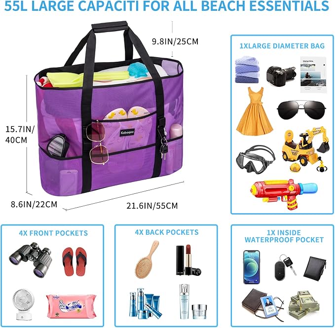 KABAQOO Mesh Beach Bag, Extra Large Beach Bags with 9 Pockets & Zipper Waterproof Lightweight Beach Tote for Beach/Pool Trip | Extra Large, 9 Pockets, Zipper, Waterproof, Lightweight, Beach/Pool Trip