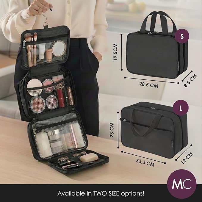 Travel Toiletry Bag for Men & Women, Large Capacity Makeup Organizer & Cosmetic Bag, Water-Resistant Portable Essentials Case with Metal Hook & Carry Handle - Perfect for Travel Use (Black, Small)