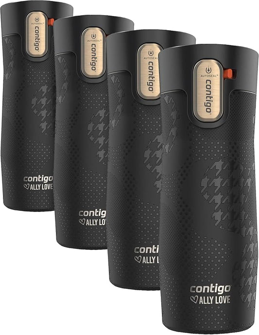 Contigo x Ally Love Stainless Steel Vacuum-Insulated Travel Mug with Autoseal and Easy Clean Lid,Spill-proof,Keeps Drinks cold 24 hrs & hot for 11 hrs,BPA Free,16oz.,West Loop 3.0,Licorice,(Pack of 4)