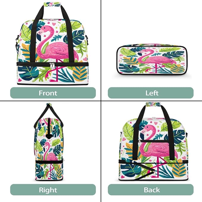 Pink Flamingo Tropical Leaves Large Weekender Bag with Shoe Compartment Travel Duffel Bags for Women Carry On Hospital Overnight Bag Foldable Personal Item Travel Bags Tote Gym Sports Airplanes