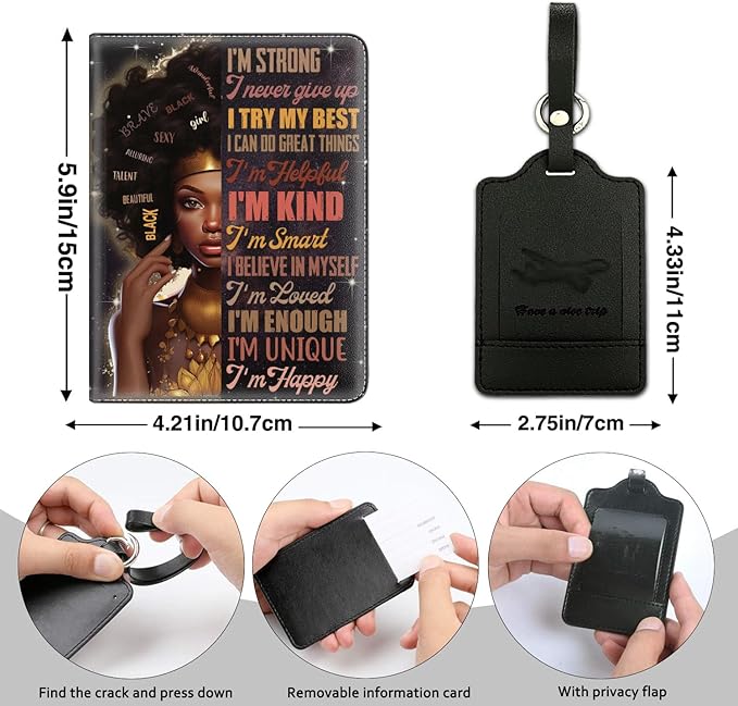 Passport Holder Women Wallet with Luggage Tag, Leather Passport Cover with RFID Blocking, Travel Accessories Multi Card Slot Passport Case for Men，African Girls Inspirational Quotes