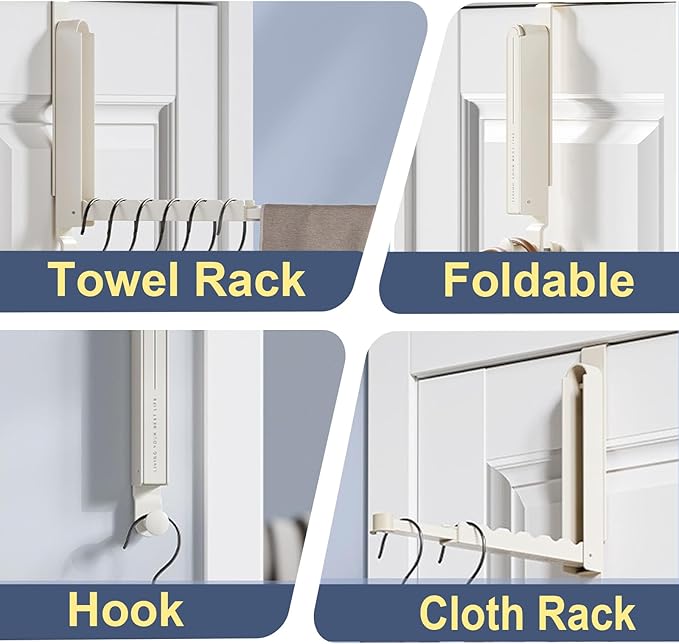 Over The Door Foldable Clothes Hanger - Metal Drying Rack with Towel Racks for Laundry, Bathroom - 1 Pack, White