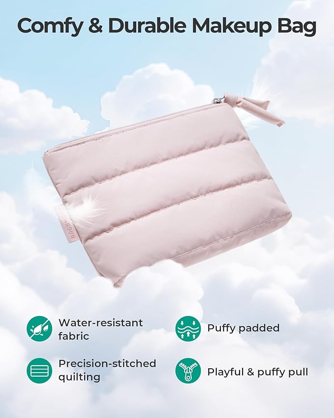 BAGSMART Small Makeup Bag, Puffy Portable Cosmetic Pouch with Charm Zipper, Water-Resistant Travel Organizer for Women (Lavender, Small)