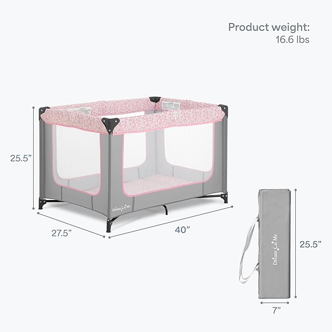 Dream On Me Zodiak Baby Playard, Breathable Mesh Sides, Soft Comfortable Mattress, Quick & Easy to Fold with Travel Carry Bag, Compact Space Saving Design - Grey & Pink