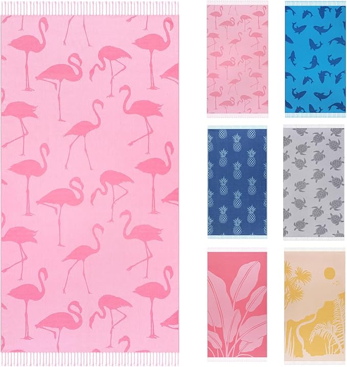 Oversized Cotton Turkish Beach Towels 72"x36" Lightweight Quick Dry Sandless Pool Swim Towel Large No Sand Adult Travel Compact Blanket Essentials Cruise Accessories Must Haves Pink Flamingos