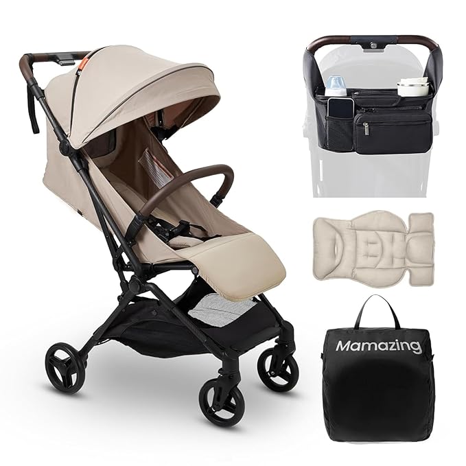 MAMAZING Ultra Air Lightweight Baby Travel Stroller with Carbon Fiber Frame, Compact & Airplane-Friendly, One-Handed Fold, 11.6 lbs, Perfect for Toddlers, Organizer & Cushion Included, Simply Taupe
