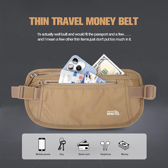 Unisex Money Belt For Men and Women, Slim Passport Holder RFID Blocking Travel Essentials Pouch with Adjustable Strap Small Waist Pouch for Workout Running Travelling Hiking (Beige 2 Packs)