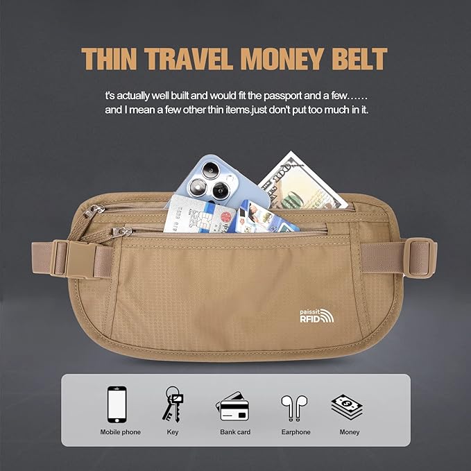 Unisex Money Belt with RFID Blocking Sleeves, Slim Passport Holder RFID Blocking Travel Essentials, Waist Pouch to Protect Cash, Beige & 6 Sleeves