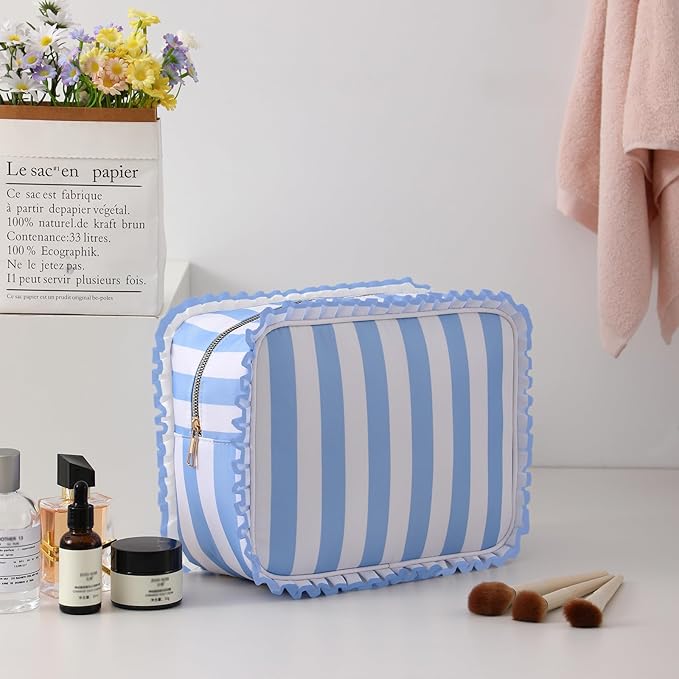 Stripe Ruffle Makeup Bag,Large Travel Cute Cosmetic Bag for Women Girls,Toiletry Bag Make up Organizer 10.8 x 4.5 x 8 inch (Blue Stripe)