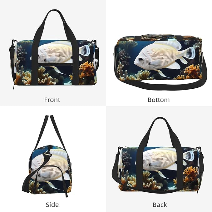 White-golden fish Print Gym Bag with Shoe Compartment for Women Men, 17.7in Sports Duffle Weekender Tote, Overnight Travel Duffel Bag Carry On