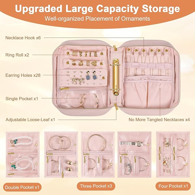 Travel Jewelry Case Organizer for Women, Jewelry Storage Book with Small Pouch, Travel Jewelry Bag Case for Traveling Necklace, Earrings, Rings, Bracelet Organizer (Pink)