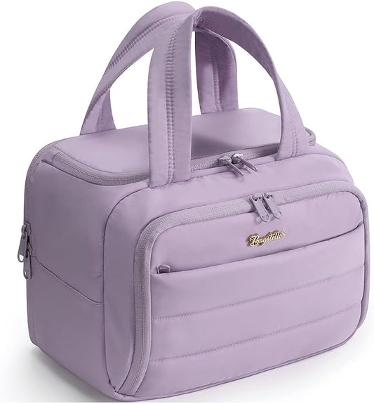 Travel Toiletry Bag for Women, Lightweight Large Quilted Puffy Makeup Bag Wide-open Make up Organizer Cloud Cosmetic Bag w/Handle for Traveling, Toiletries, Essentials Accessories Lavender
