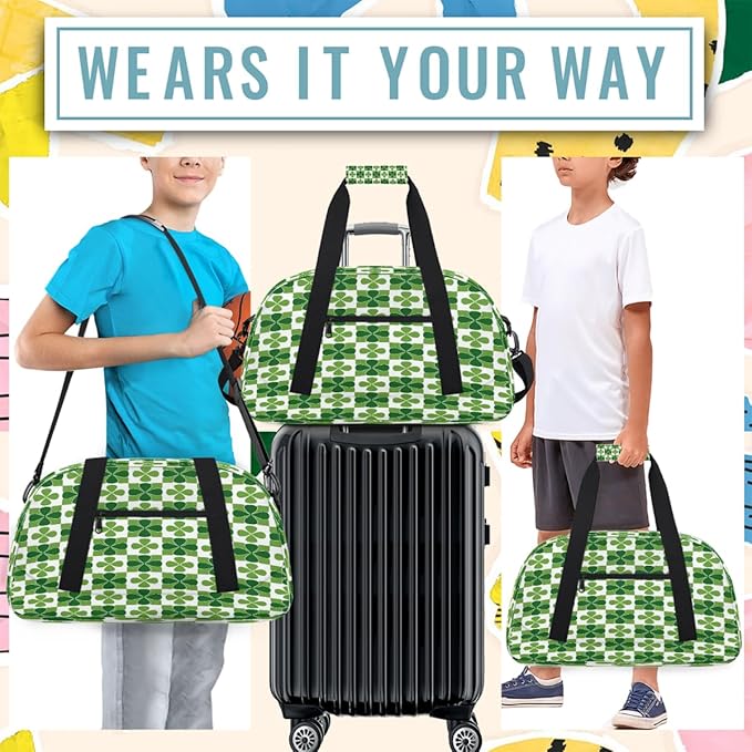 Duffle Bag for Women Men, Green Clover Plaid Pattern Gym Bag for Travel Sports, Lightweight Waterproof Weekender Overnight Bags with Adjustable Strap