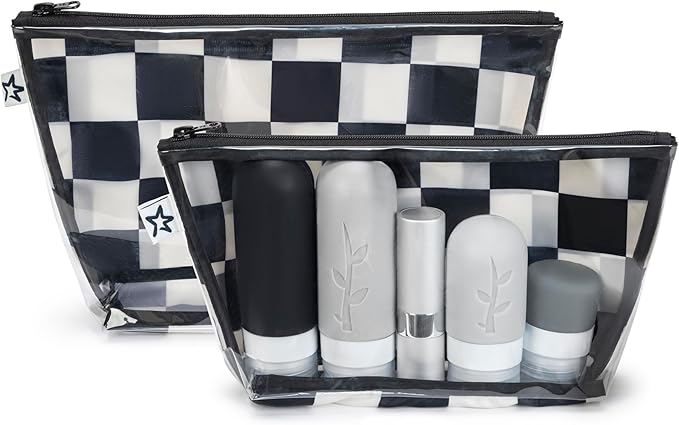 Tiny Twinkle Diaper Bag Organizing Pouches | 2 Pack Mess-Proof Travel Organizer Bags with Structured Bottom & Clear Front | TSA Approved Toiletry Bag Set for Baby and Mom Essentials (Black Checkers)