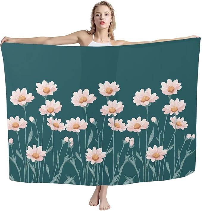 Quick Dry Beach Towel, Adult Oversized Lightweight Absorbent Compact Beach Towels Sand Free Beach Thin Blanket for Camping Pool Swimming (110"x78" Size L) Simple White Daisy Print
