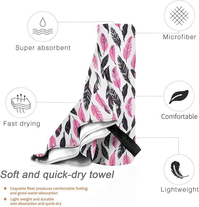 Pink And Black Feather Pattern Sand Free Beach Towel – 27.5"X55" Quick Dry Microfiber Beach Towels For Travel, Swimming, Pool, And Camping, Absorbent And Compact Beach Essential For Women, And Men