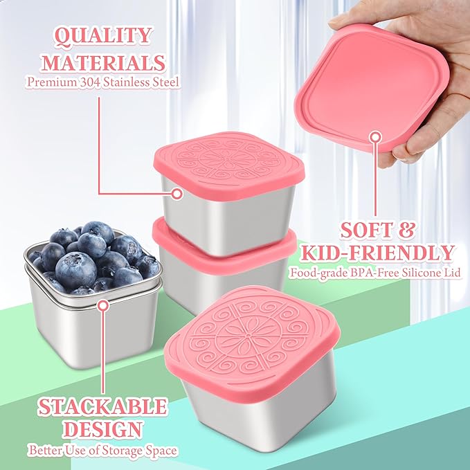 Stainless Steel Snack Containers for Kids,7.2oz Easy Open Leak Proof Reusable Snack Box Container with Lids,Small Lunch Containers for Meal Prep,School,Picnic and Travel-3Pack