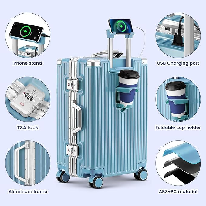 Zipperless Suitcase, 28 Inch Checked Luggage, Hardshell Aluminum Frame Polycarbonate Luggage with Phone Holder, Cup Holder, Charging Port, TSA Lock, Spinner Wheels for Vacations, Blue
