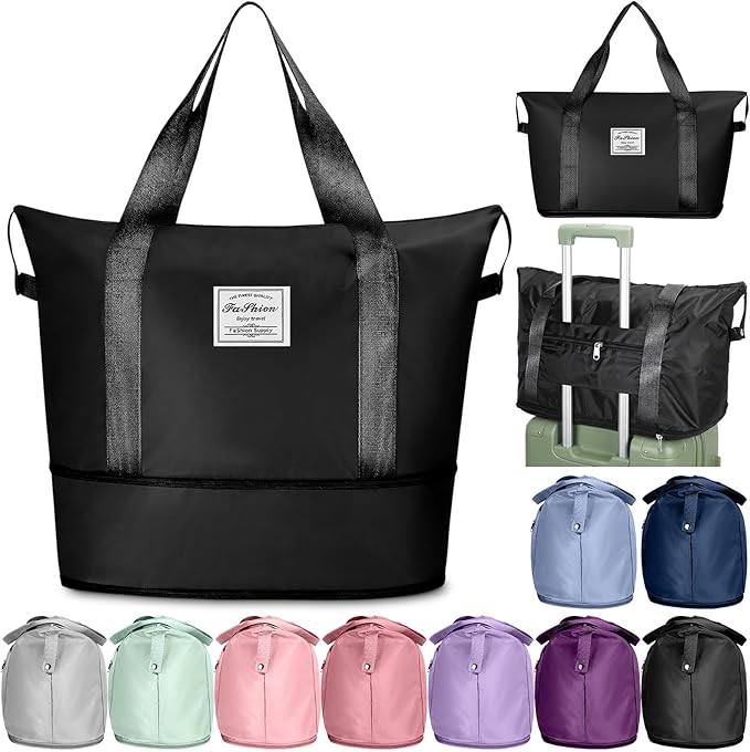 9 Pack Expandable Travel Bags Bulk, Foldable Duffel Bag for Travel Waterproof Shoulder Weekender Overnight Totes with Wet Pocket Sports Gym Totes Airport Carry on Luggage for Women Men