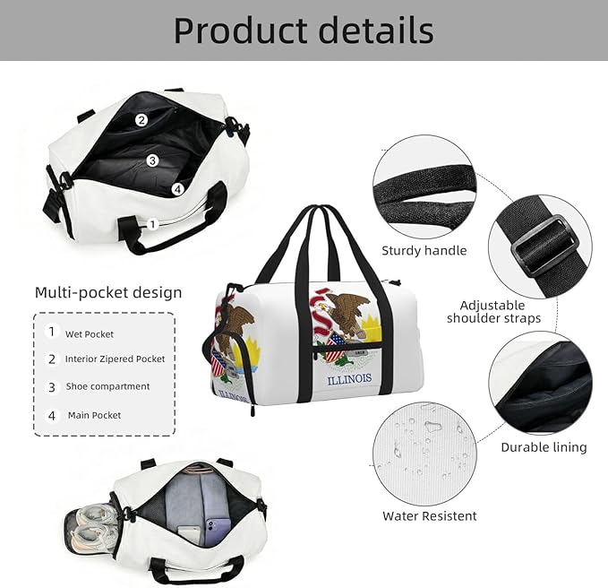 Illinois State Flag Print Gym Bag with Shoe Compartment for Women Men, 17.7in Sports Duffle Weekender Tote, Overnight Travel Duffel Bag Carry On
