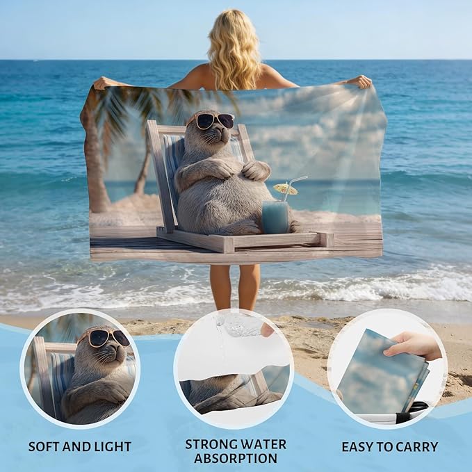 SARA NELL Seal Beach Towel, Cool Seal with Sunglasses and Drink Print, Summer Pool Beach Towel for Vacation Travel, Quick Dry Lightweight, 32"x52"