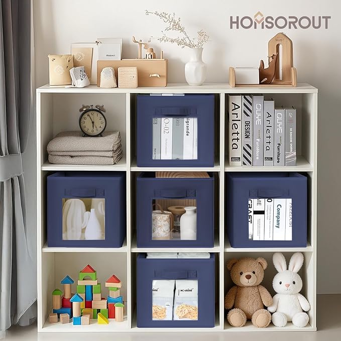 Storage Cube 11 Inch - Cube Storage Bins with Window, Closet Storage Baskets with Handle, Fabric Bins for Closet, Shelves, Toys, Clothes, Set of 16, Navy Blue