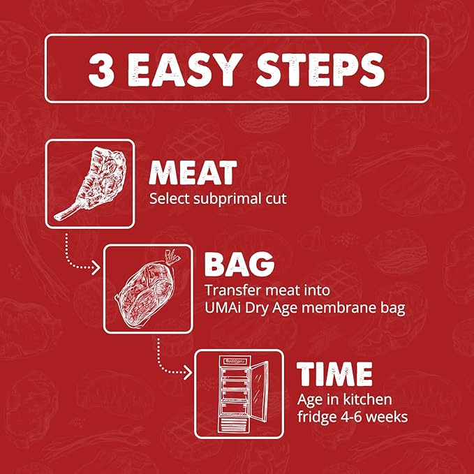 UMAi Dry Aging Bag for Steaks, Pack of 3, Dry Age Bags for Meat, Boneless or Bone-In Rib Roast Cuts up to 8-10 lbs, Home Steak Ager Bags, No Vacuum Sealer Required, Tender Aged Beef in 28-45 Days