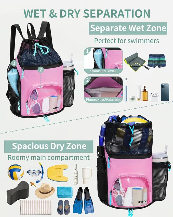 WANDF Swim Bag with Wet Pockets, Sandproof Beach Backpack with 40oz Tumbler Side Pockets, Mesh Drawstring Backpack Swim Bag for Swimming, Pool, Gym and Workout Gear (Pink)
