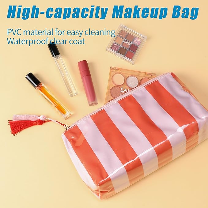 Makeup Bag, Large Clear Coated Cosmetic Bags for Women Girls, Waterproof Travel Makeup Bag for Purse Organizer Zipper Pouch Beach Summer Vacation Essentials Gifts for Women