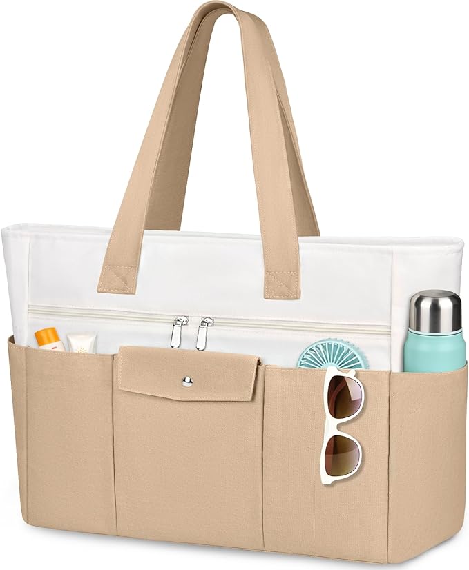 Beach Bags for Women Large Canvas Beach Tote with Zipper Wet Pocket, Waterproof Foldable Swim Pool Travel Tote Bags