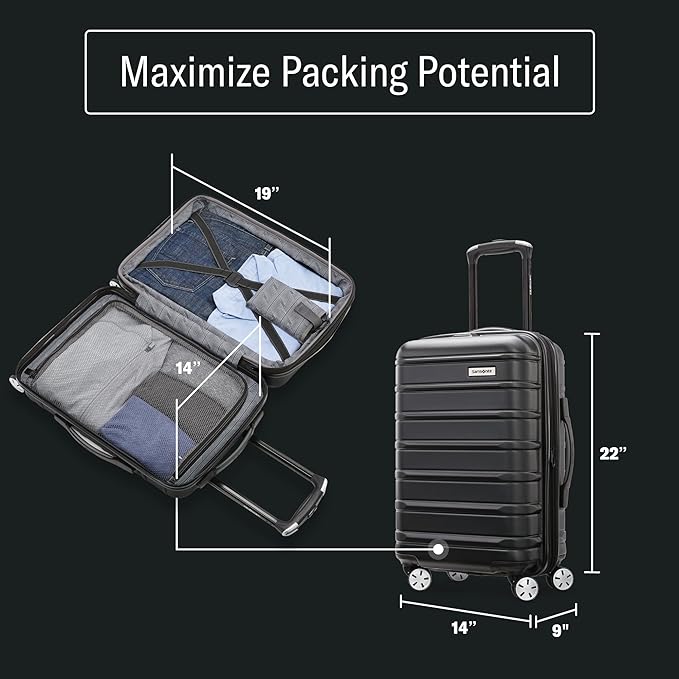Samsonite Omni 2 Global Carry-On Spinner Luggage - Compact Size For International Travel - Airline-Approved - Features Expandable Polycarbonate Shell, 360° Wheels, USB Power Hub - Charcoal - Black