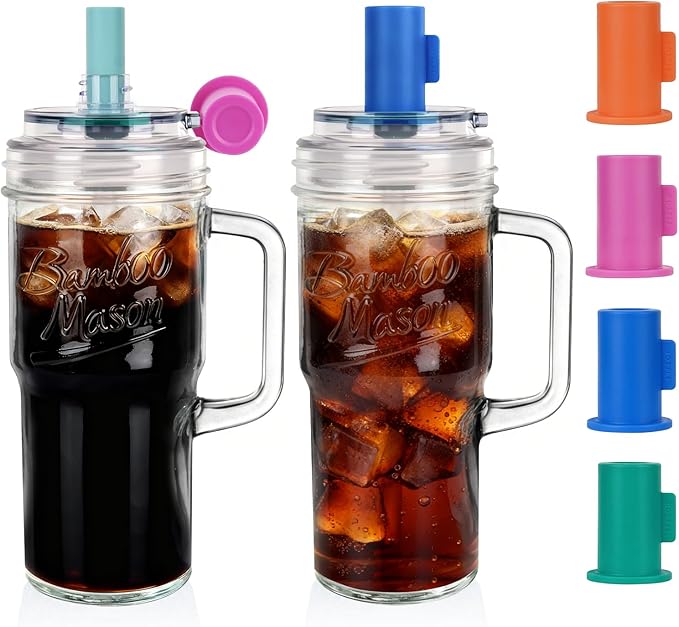 Bamboo Mason Leakproof Mason Jar Cups with Lids and Straws, 24oz Glass Tumbler with Handle, Leak-Proof Rotating Lid & Silicone Straw, Reusable Iced Coffee & Matcha Cup Set Coffee Gifts for Women -2pc