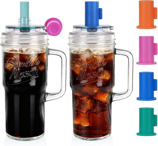 Bamboo Mason Leakproof Mason Jar Cups with Lids and Straws, 24oz Glass Tumbler with Handle, Leak-Proof Rotating Lid & Silicone Straw, Reusable Iced Coffee & Matcha Cup Set Coffee Gifts for Women -2pc