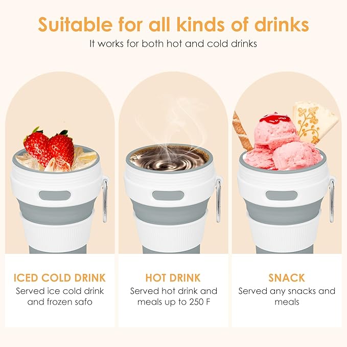 Collapsible Travel Cup - Cashmere Gray,16oz/450ml，Leak-Proof Reusable To-Go Pocket Size Silicone Bottle for Hot & Cold Drinks - Camping & Hiking - Dishwasher Safe- Straw included