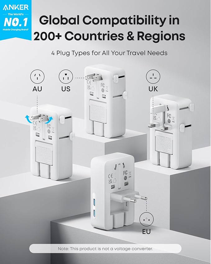 Anker Nano Travel Adapter, 5-Port Power Adapter with 1× 2-Pin AC, 2 USB A, 2 USB C for 20W, Smart Temperature Control, Works in 200+ Countries, Not a Voltage Converter, Travel Essentials (1-Pack)