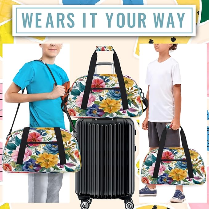 Kids Duffle Bag Girls Boys Spring Boho Flowers Botanical Weekender Overnight Bag,Lightweight Duffel Bags for Traveling Gym Sport Dance
