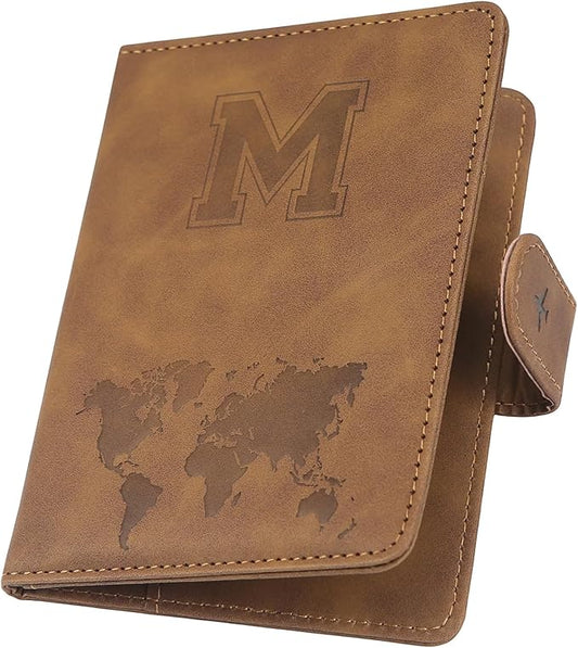 Personalized Passport Holder – Initial Letter Passport Cover with RFID Blocking, Holds 2 Passports, Slim PU Leather Unisex Travel Wallet, Brown M