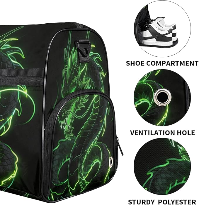Green Dragon Print Sports Gym Bag with Wet Pocket & Shoes Compartment Waterproof Workout Duffel Bag for Women and Men Weekender Overnight Duffle Bag Travel Carry-on Tote