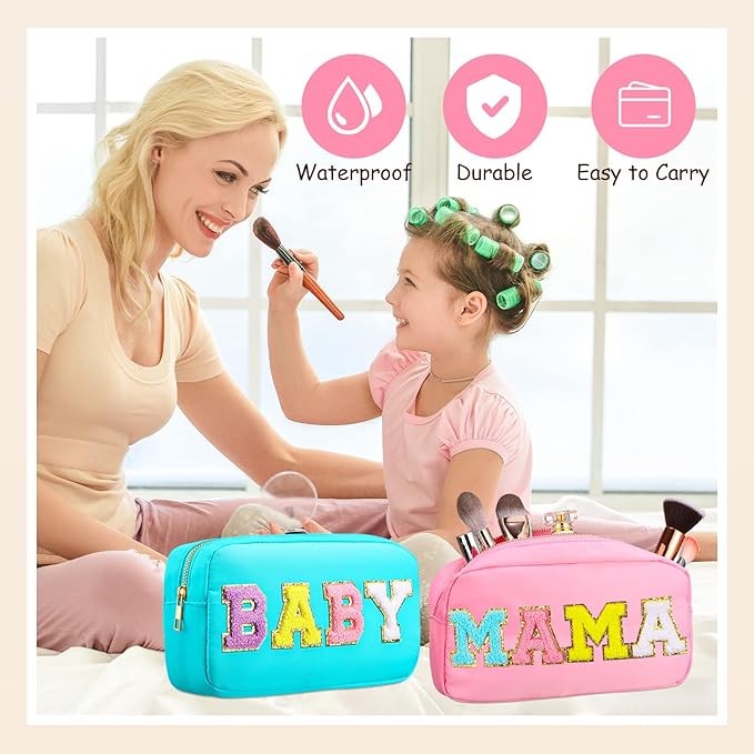 Sanwuta 2 Pieces Mama Gifts Makeup Bag Mom Pouch Birthday Gifts Nylon Cosmetic Bag Mothers Day Appreciation Toiletry Preppy Patch Chenille Letter for Women Her New Mom(Pink, Blue,Baby and Mama)